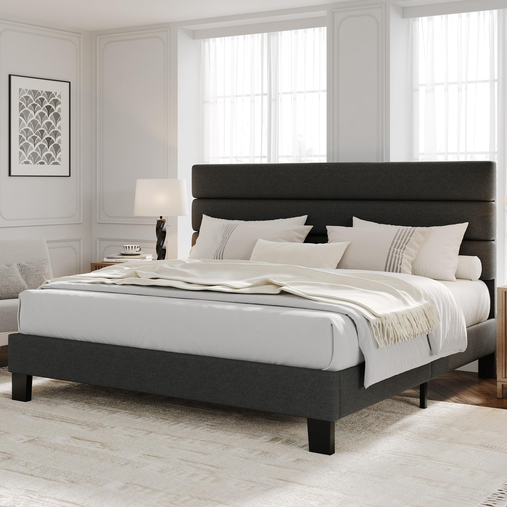 King Size Bed Frame with Adjustable Headboard, Linen Fabric Upholstered and Wooden Slats Support, Heavy Duty Mattress Foundation, No Box Spring Needed