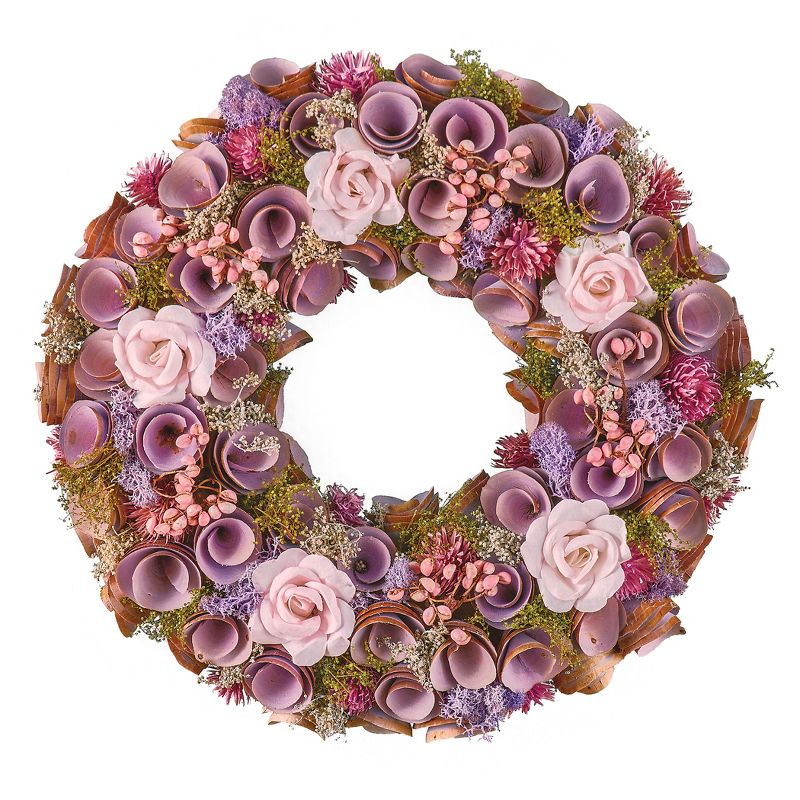 Collections Etc Wooden Pink Rose and Purple Flowers Hanging Wreath, 1 of 4