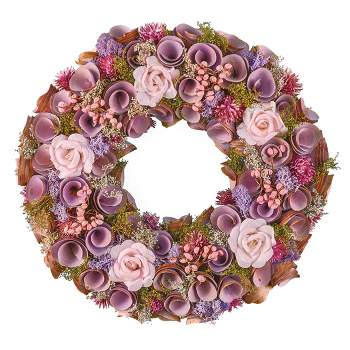 Collections Etc Wooden Pink Rose and Purple Flowers Hanging Wreath