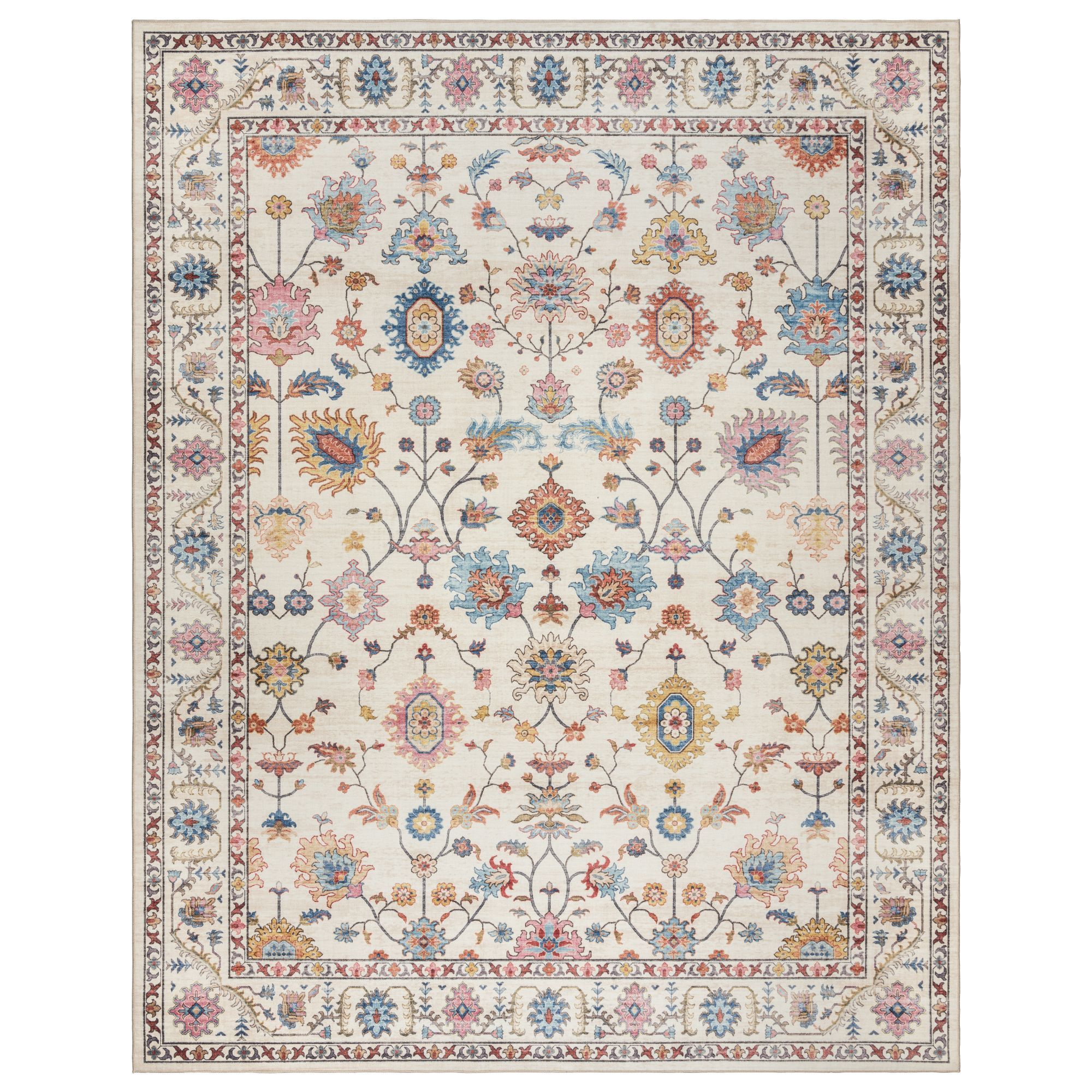Crystal Print Cullen Cream Pink Multi Transitional Floral Border Indoor Livingroom Dining Bedroom Flat Pile Easy Care Area Rug, 8x10