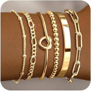 5 Piece Gold Bracelet Stack Set for Women with Bangle Cuff Paperclip and Chain Bracelets, Non Tarnish - 1 of 4