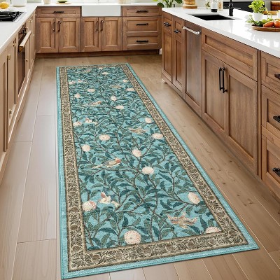 Washable Area Rug - Thin Low Pile, Farmhouse Botanical Print, Large Living Room/Dining Room/Bedroom Carpet