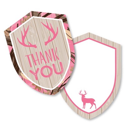 Big Dot of Happiness Pink Gone Hunting - Shaped Thank You Cards - Girl Camo Baby Shower or Birthday Party Thank You Cards with Envelopes - Set of 12