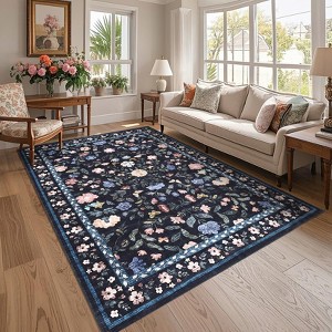 Large Rug for Living Room Non-Slip Ultra-Thin Flower Print Dining Room Rug, Non-Shedding Farmhouse Indoor Mat - 1 of 4