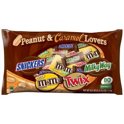Peanut & Caramel Lovers Chocolate Candy, TWIX, MILKY WAY, SNICKERS & M&M'S  Peanut, Halloween FUN SIZE, 80 pieces, 34.74 oz bag – Walmart Inventory  Checker – BrickSeek