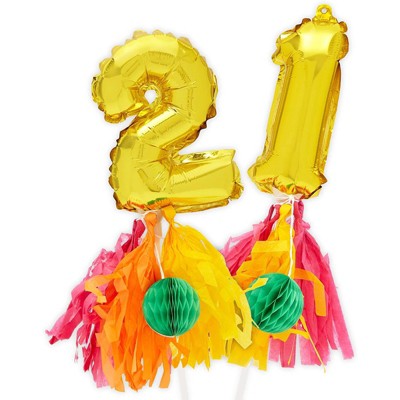 Sparkle and Bash Gold Foil Number 21 Balloons Cake Topper 7" with Tassels for 21st Birthday Party Decorations