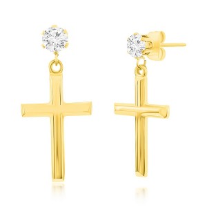 Metallo Stainless Steel Polished Cross & CZ Earrings - Gold Plated - Gold - 1 of 2