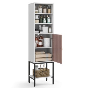 Costway 57" Bathroom Tall Cabinet with 1 Door and 4 Shelves Freestanding Floor Cabinet Black/White - 1 of 4