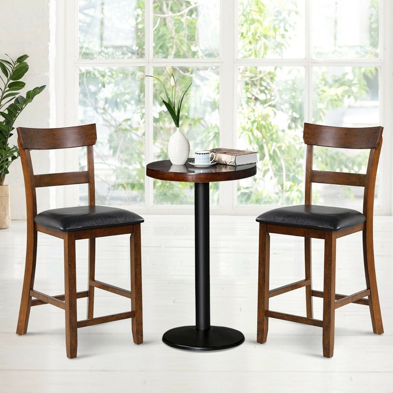 Costway Set of 2 Barstools Counter Height Chairs w/Leather Seat & Rubber Wood Legs, 4 of 11