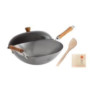 Joyce Chen Classic Series 14-Inch Uncoated Carbon Steel Flat Bottom Wok Set with Lid and Birch Handles, 4 Pieces - 1 of 4