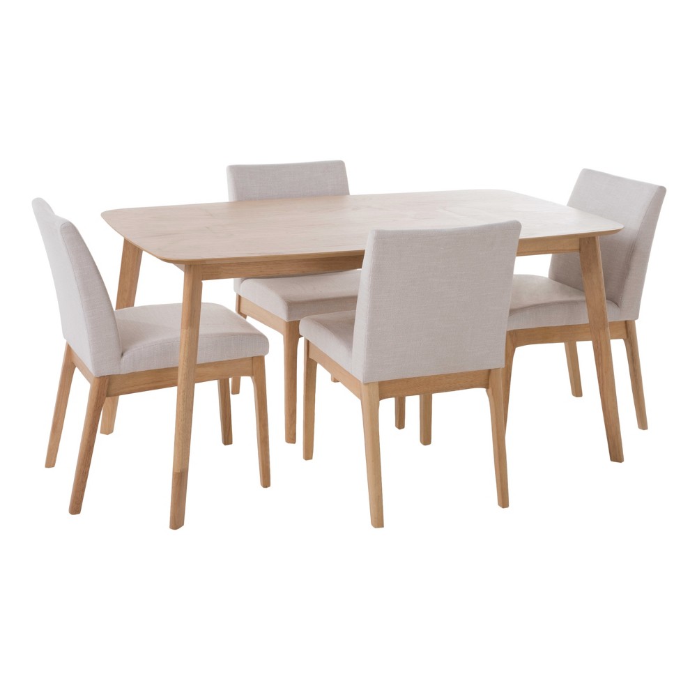 Photos - Dining Table 5pc Kwame 60" Dining Set Natural Oak/Light Beige: Mid-Century Style, Upholstered Chairs - Christopher Knight Home