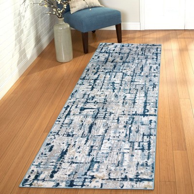 Blue and Gray Tufted Reversible Synthetic Runner Rug