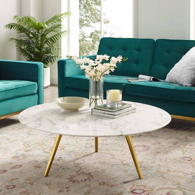 39.5" Luxe Gold & White Faux Marble Round Coffee Table