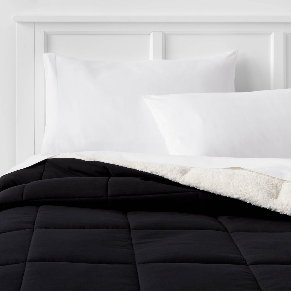 Twin/Twin Extra Long Faux Shearling Washed Microfiber Reversible Comforter Black - Room Essentials™: OEKO-TEX Certified, Dorm Bedding