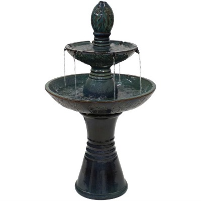 Sunnydaze 38"H Electric Ceramic 2-Tier Outdoor Water Feature with LED Lights, Green