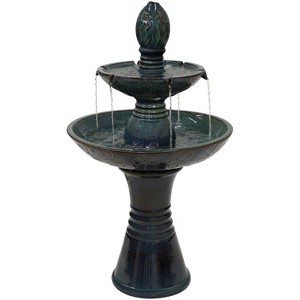 Sunnydaze 38"H Electric Ceramic 2-Tier Outdoor Water Feature with LED Lights, Green - 1 of 4