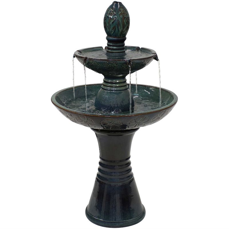 Sunnydaze 38"H Electric Ceramic 2-Tier Outdoor Water Feature with LED Lights, Green, 1 of 13
