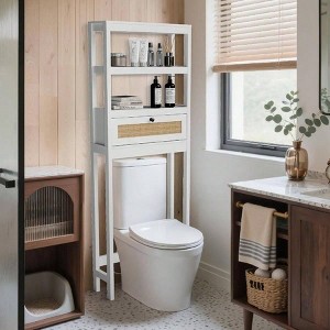 Over Toilet Storage Cabinet 3 Tier Bathroom Organizer with Rattan Door Wooden Space Saver Restroom Bathroom Laundry - 1 of 4