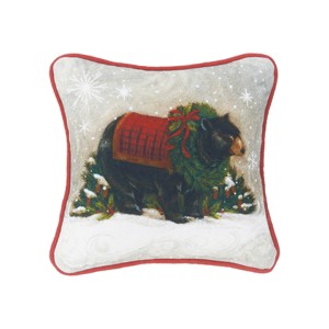 C&F Home 8" x 8" Wreath & Pinecones Snowflakes Woodland Bear Cotton Accent Pillow - 1 of 4