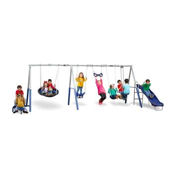 XDP Recreation Fun All Mighty Metal A-Frame Kids Swing Set with 10 Child Capacity Outdoor Backyard Home Playground with Slide and 5 Swing Types,