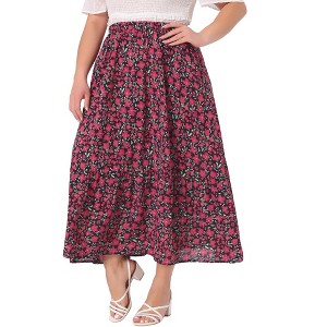 Agnes Orinda Women's Plus Size Stretchy High Waist Layered Flowy Pocket Casual Floral Maxi A Line Skirts - 1 of 4