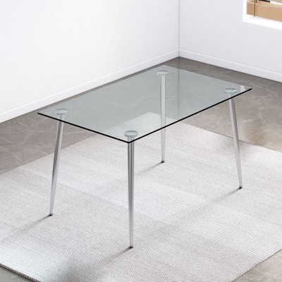 Okak Dining Table for Small Space, Contemporary Rectangle Tempered Glass Dining Table with Metal Legs for 4 People