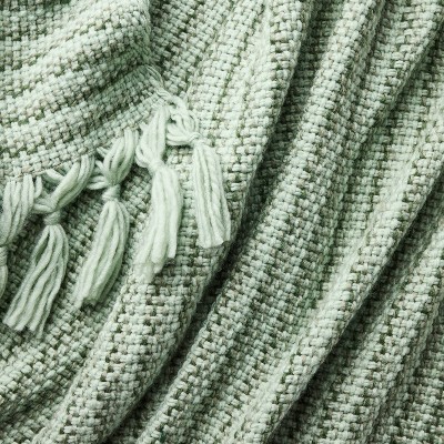 Green Woven Throw with Tassels, Recycled Polyester-Acrylic Blend