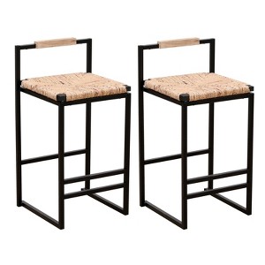 FONTOI 2PCS Hand Weave Counter Stools with Back&Footrests, Counter Height Bar Stools for Living Room Kitchen Island, Black&Brown, 14.96"*31.5"*15.35" - 1 of 4