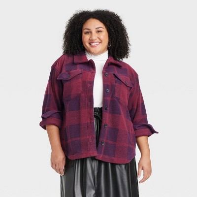 Women's Front Button-Down Shacket - Ava & Viv™ Burgundy Plaid 1X