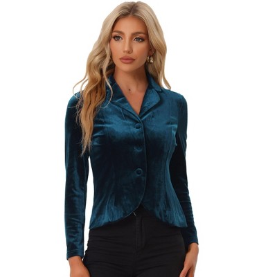 INSPIRE CHIC Women's Notched Lapel Long Sleeve Office Button Velvet Suit Blazer