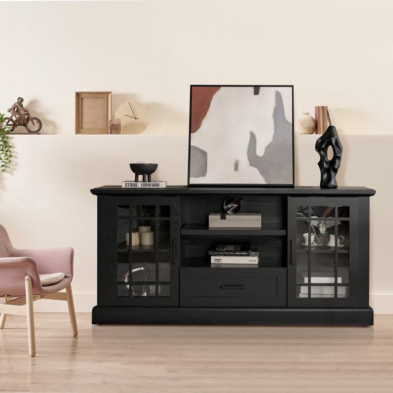63-Inch Modern TV Cabinet TV Console Table w/ 2 Side Cabinets & Drawer Suits 70” Televisions Farmhouse Style Black\White, 2 of 9