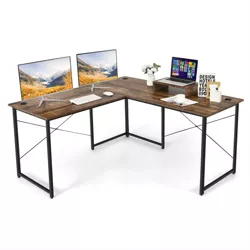 Costway L-Shaped Reversible Computer Desk 2-Person Long Table w/Monitor Stand Rustic Brown