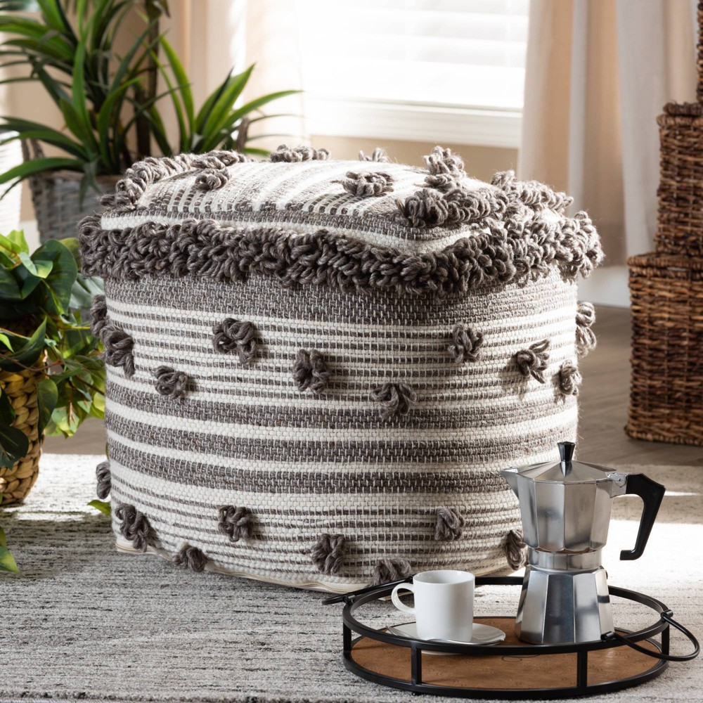 Photos - Pouffe / Bench Eligah Handwoven Wool Moroccan Inspired Pouf Ottoman Ivory/Brown - Baxton Studio