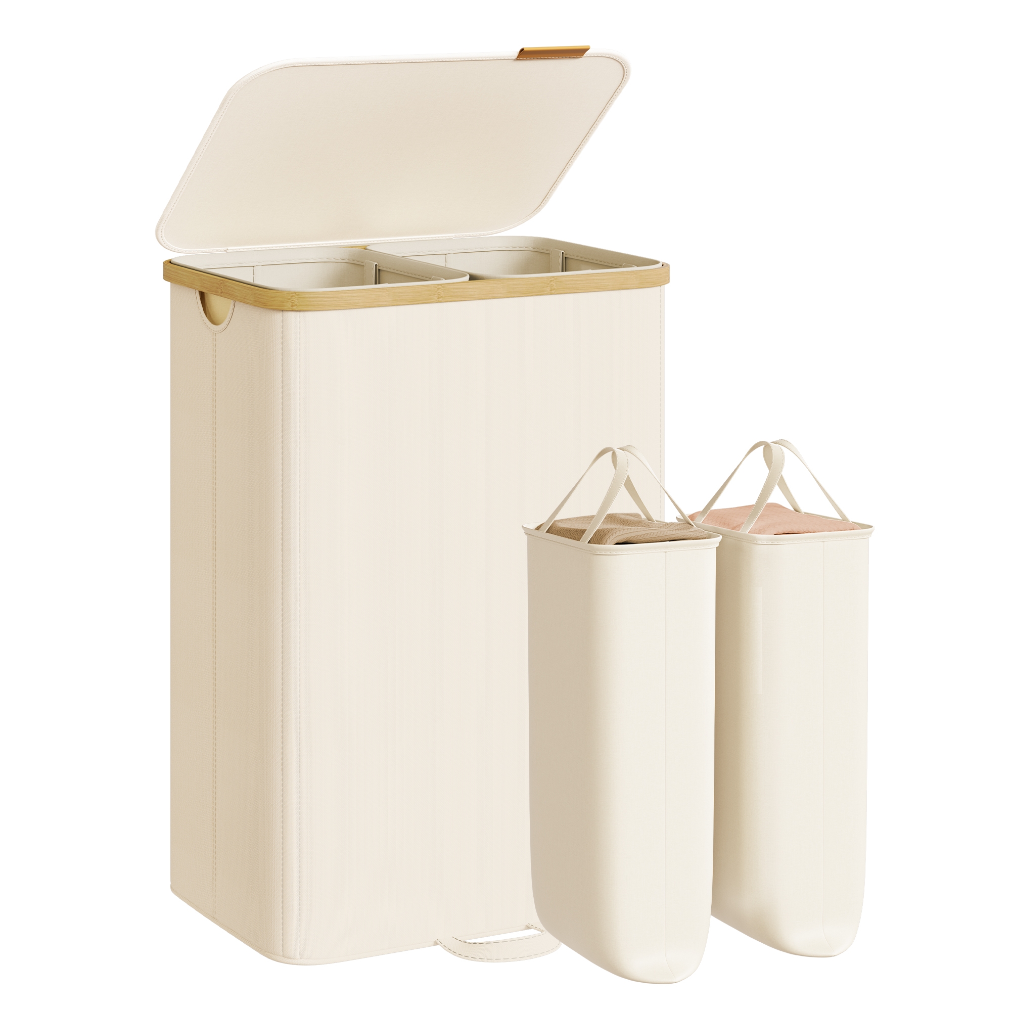 Laundry Hamper, Laundry Sorter with Lid, Removable Liners, Bamboo Frame, 2 Sections, 39.6 Gal. (150 L), Cream White