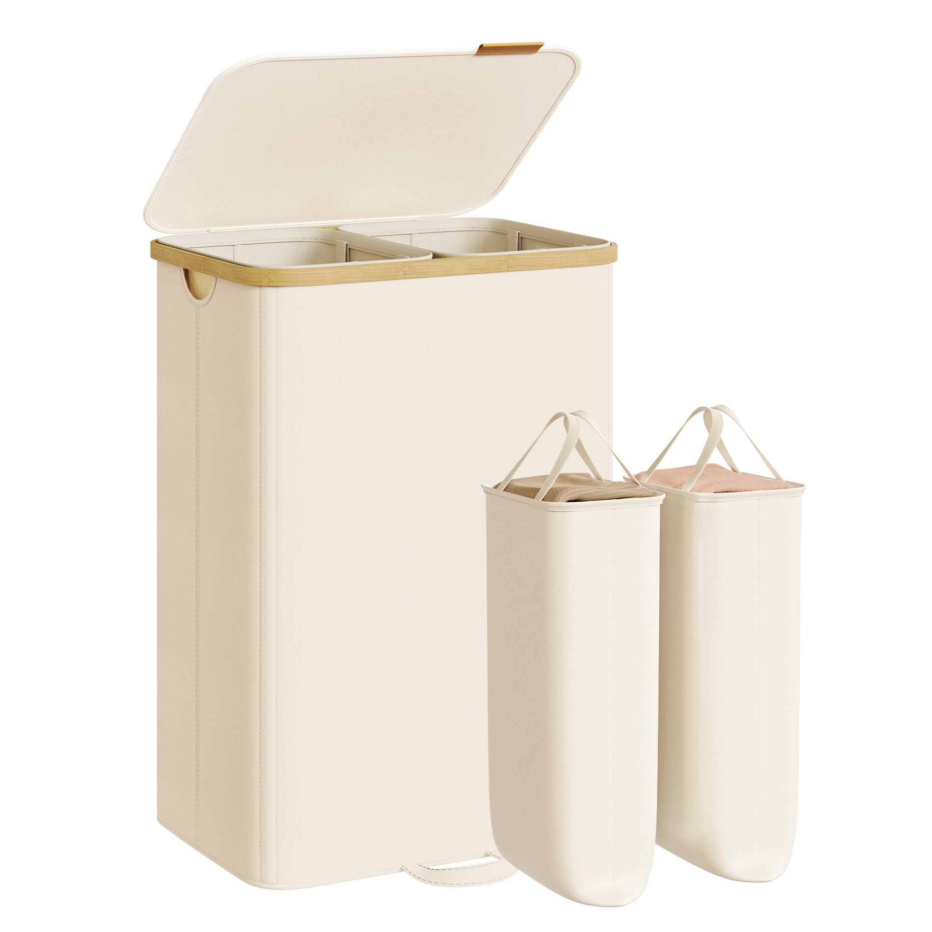 SONGMICS Laundry Hamper, Laundry Sorter with Lid, Storage Basket Bin, Removable Liners, Bamboo Frame, 2 Sections, 39.6 Gal. (150 L)