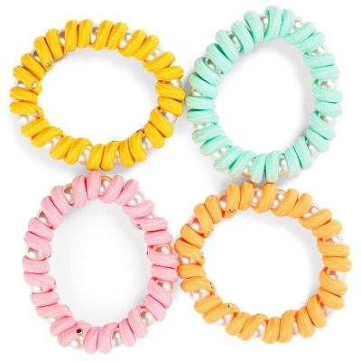 Zodaca 4 Piece Spiral Hair Ties, Phone Cord Coil Style Elastic Band, Gorgeous Pearls Decorated Ponytail Holders