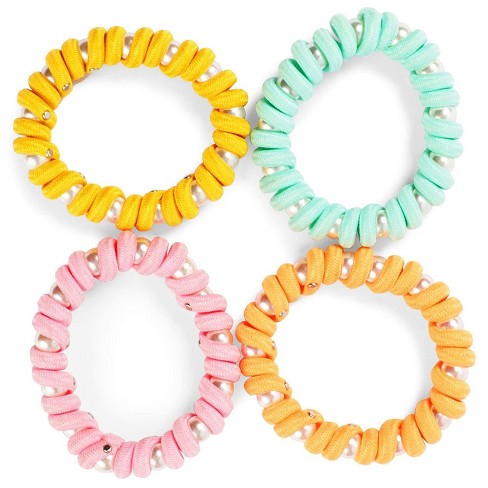 Zodaca 4 Piece Spiral Hair Ties, Phone Cord Coil Style Elastic Band,  Gorgeous Pearls Decorated Ponytail Holders : Target