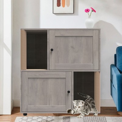 Cat Litter Box Enclosure with Double Room for 2 Cats, Hidden Enclosed Litter Box Furniture with Scratch Posts and Double-Layer Litter Mats
