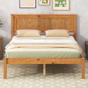 Okak Full/Twin Natural Platform Beds with Wide Wood Headboard,Solid Wood Bed Frame for Primary Bedroom,No Spring Box Needed - 1 of 4