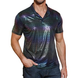 BLUEMING Mens Shirt Short Sleeve Polo Vintage Sequin Metallic 70s Outfits Party Costume Top - 1 of 4