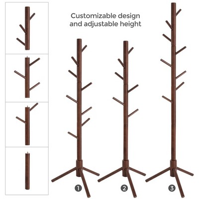 VASAGLE Dark Walnut Solid Wood Tree-Shaped Coat Rack with 8 Hooks