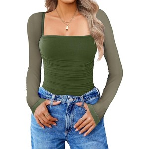 Avidlove Women's Square Neck Mesh Long Sleeve Bodysuit Shirts