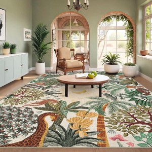 Washable Floral Jungle Rug Non Slip Low Pile Rug Soft Throw Floor Cover Foldable Indoor Carpet for Living Room Bedroom Playroom Office - 1 of 4
