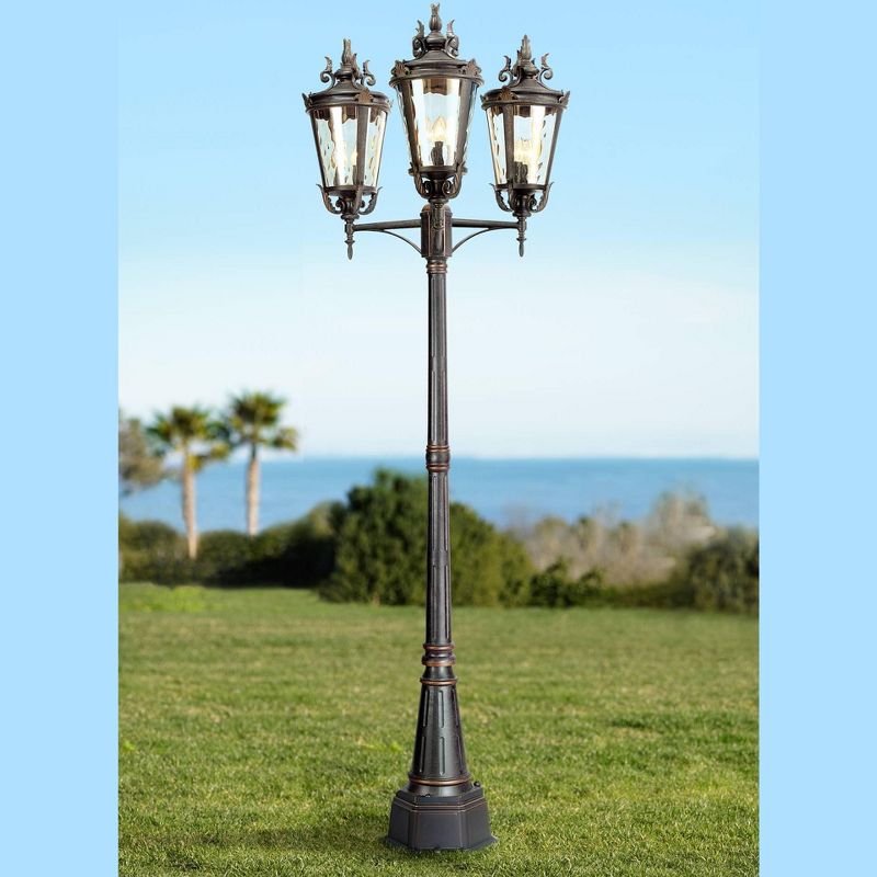 John Timberland Mediterranean Outdoor Post Light Street Lantern 3 Light Veranda Bronze 100" Clear Hammered Glass for Exterior Yard, 2 of 7