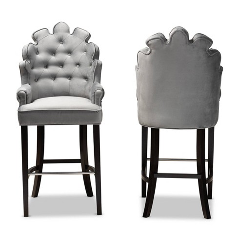 2pc Chloe Velvet Upholstered And Wood Barstool Set Dark Gray