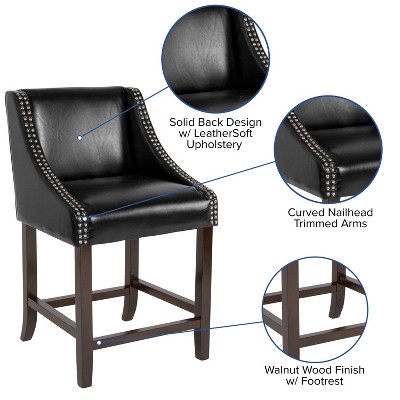 Black Leather 24" Wood Counter Height Stool with Nail Trim