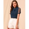 INSPIRE CHIC Women's Bow Tie V Neck Stand Collar Short Mesh Sleeve Blouse - 3 of 4