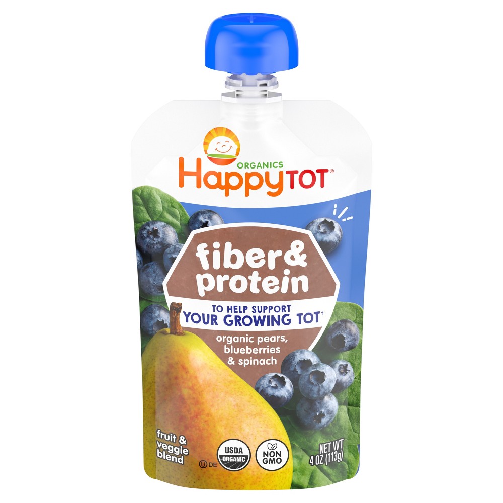 Happy Tot Fiber & Protein Organic Pears, Blueberries & Spinach Toddler Pouch - 4oz: Kosher Pureed Meal, 24M+
