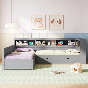 Luxystar Wood Twin Size L-shaped Platform Bed with Trundle, built-in 5 storage shelves, Drawer and Charging Station - 1 of 4