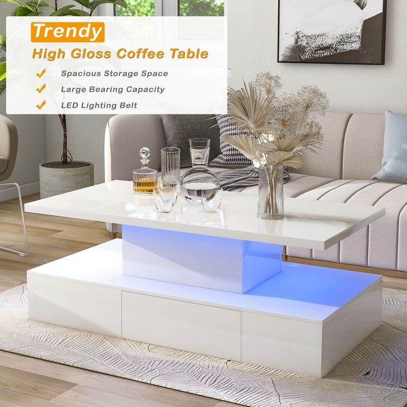 Modern Glossy Coffee Table With Drawers With Plug-In 16 Colors Living Room LED Lighting - ModernLuxe, 3 of 11